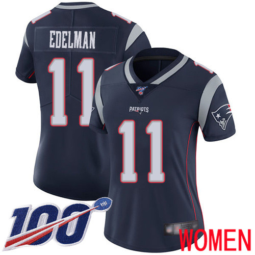 New England Patriots Football #11 100th Limited Navy Blue Women Julian Edelman Home NFL Jersey